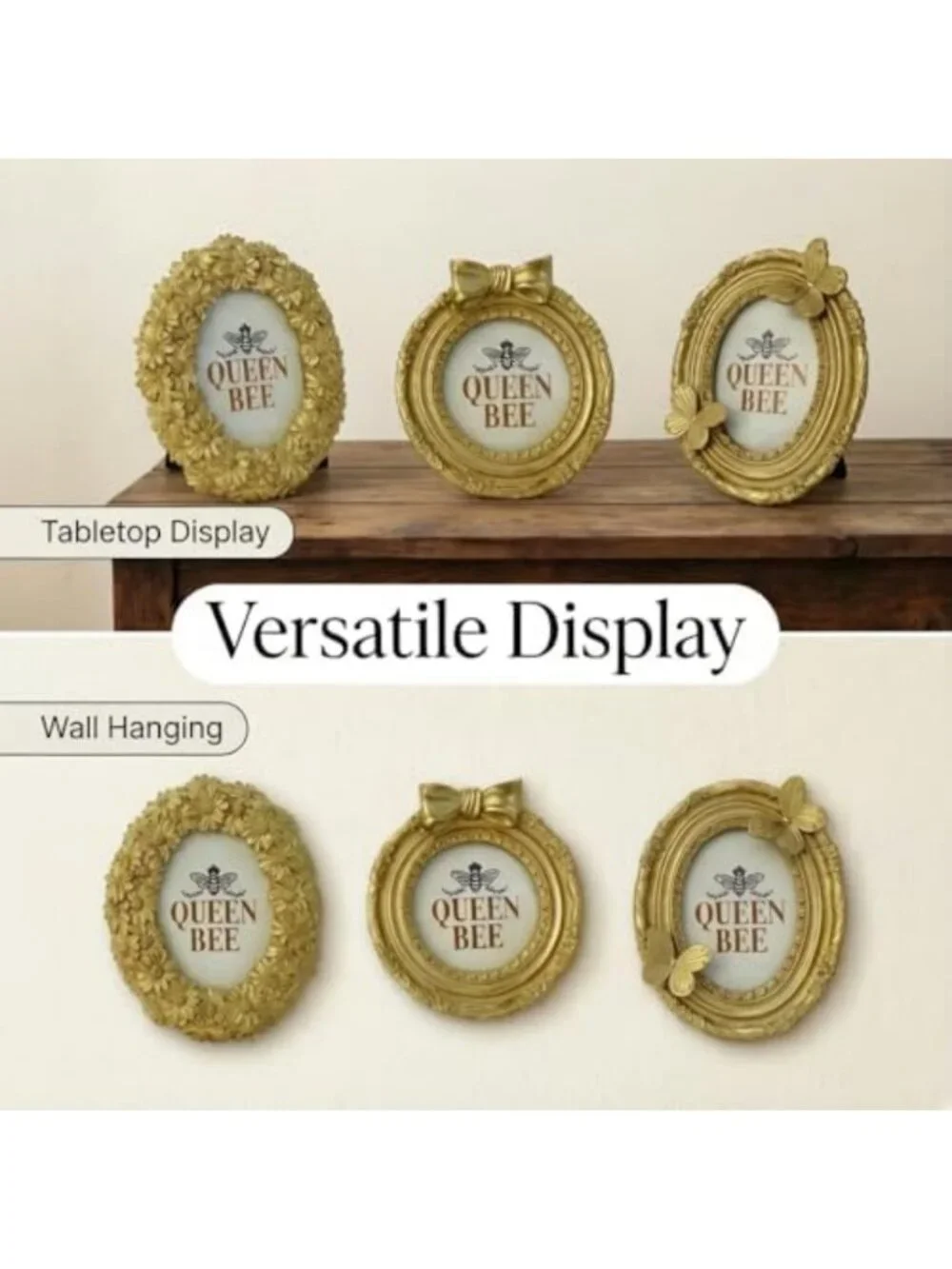 Set of 3 Vintage Gold Ornate Picture Frames - Oval & Round, Small Decor
